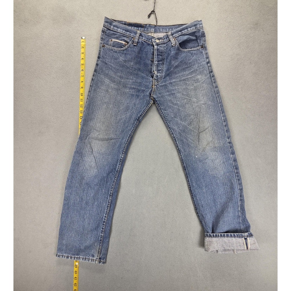 Levis 501‎ Jeans Mens Selvedge Blue Med Wash Straight Whiskers Fits 32x30